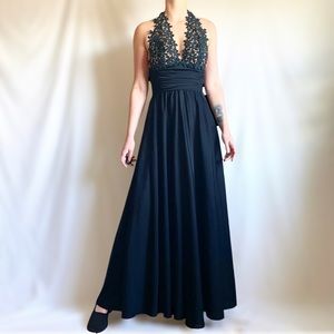 Vintage 70s Black & Floral Formal Party/Prom Dress